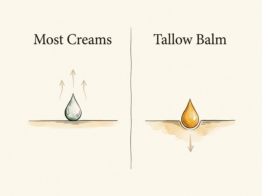 Diagram: water evaporates, fat absorbs